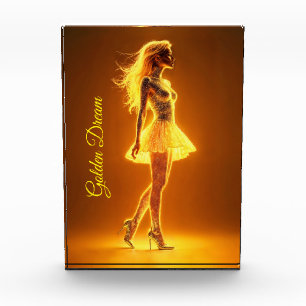 Goldenes Neonmädchen in leuchtender Mode-Eleganz Fotoblock