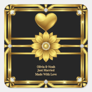 💖 Goldenes Ornament Hochzeitsfeier-Thema 🖤 Quadratischer Aufkleber