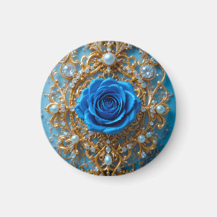 Goldenes Ornament mit blauer Rose und Perle Magnet