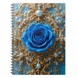 Goldenes Ornament mit blauer Rose und Perle Notizblock