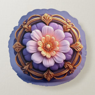 Goldenes, ornamentales Blumenmedaillon-Design Rundes Kissen
