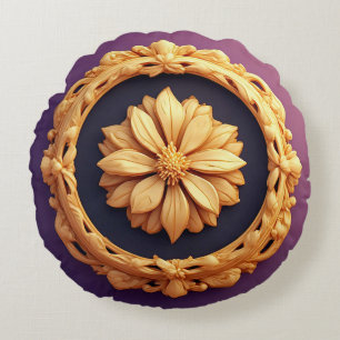 Goldenes, ornamentales Blumenmedaillon-Design Rundes Kissen