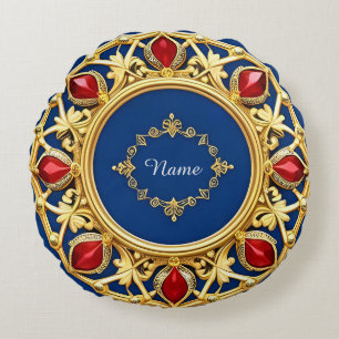 Goldenes Ornamentdesign mit roten Edelsteinen Rundes Kissen