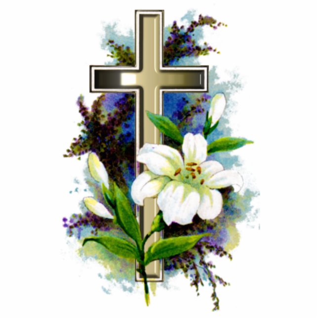 Goldenes Osterkreuz und weiße Lilly-Blume Freistehende Fotoskulptur (Vorne)