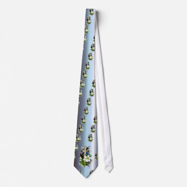 Goldenes Ostern-Kreuz - weiße Lilly Blumen - Blau Krawatte (Vorderseite)