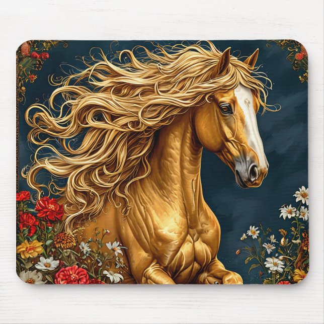 Goldenes Pferd mit blühender Mane Mousepad (Vorne)