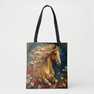 Goldenes Pferd mit blühender Mane Tasche