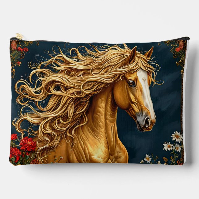 Goldenes Pferd mit blühender Mane Zubehörtasche (Vorderseite)