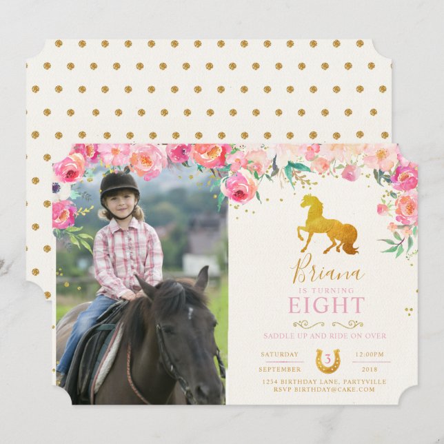 Goldenes Pferd mit Blume Foto Einladung zum Geburt (Vorne/Hinten)