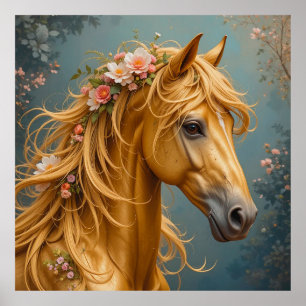 Goldenes Pferd mit fließender Mähne Poster