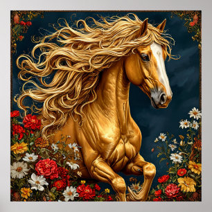 Goldenes Pferd mit fließender Mähne Poster