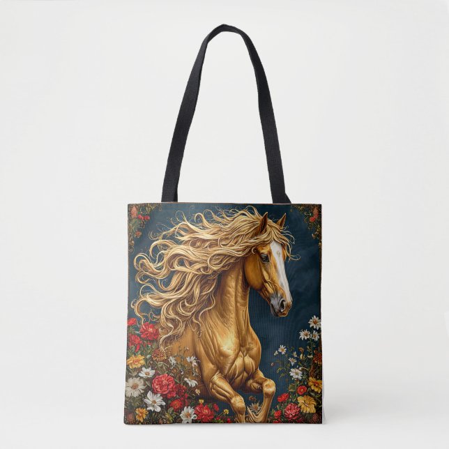 Goldenes Pferd mit fließender Mähne Tasche (Vorderseite)