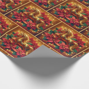 Goldenes Pferd mit Poinsettias und Lichtern Weihna Geschenkpapier