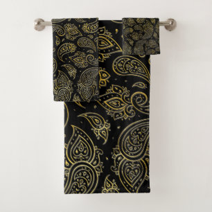 Goldenes prägeartiges Paisley-Muster auf Schwarze Badhandtuch Set