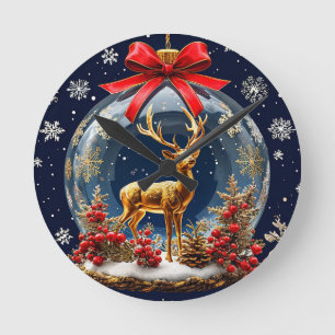Goldenes Rentier im Weihnachtsbaumschmuck-Globus Runde Wanduhr