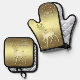 Goldenes Rentier Schnee Ofenhandschuh & Topflappen-Set