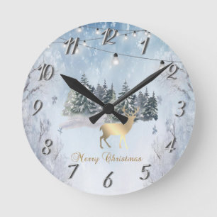 Goldenes Rentier,Wald,Lichterkette Landschaft  Runde Wanduhr