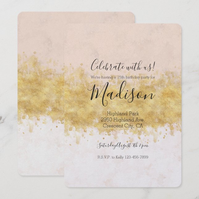 Goldenes Rosa Aquarellfarben Einladung (Vorne/Hinten)