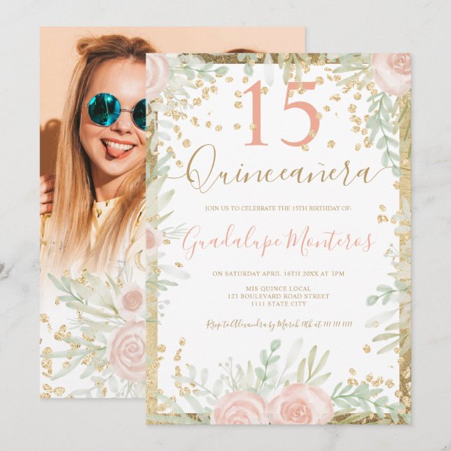 Goldenes Rosa Blumenwasser Quinceanera Foto Einladung (Vorne/Hinten)