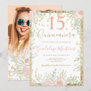 Goldenes Rosa Blumenwasser Quinceanera Foto Einladung