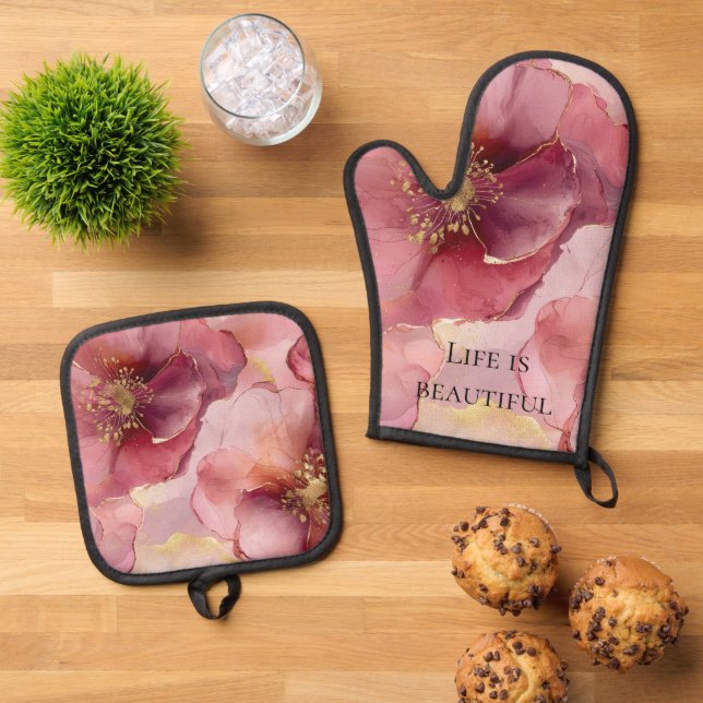 Goldenes Rosa Burgund Brautparty Ofenhandschuh & Topflappen-Set (Oben Unten)