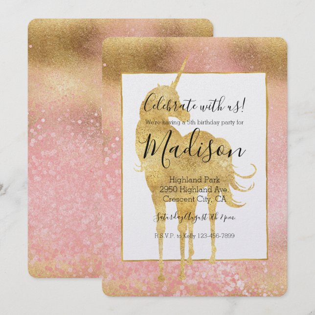Goldenes Rosa Magisches Einhorn Geburtstag Einladung (Vorne/Hinten)