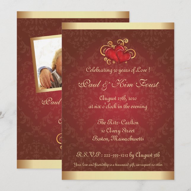 Goldenes Rotes Foto 50. Hochzeitstag Einladung (Vorne/Hinten)