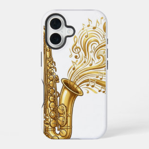 Goldenes Saxophon mit wirbelnden Noten Handyhülle iPhone 16 Hülle