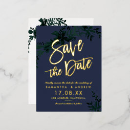 goldenes Schriftsystem Blau Save the Date Folie Einladungspostkarte