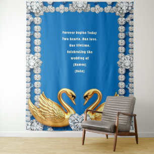 Goldenes Schwan-Herz-Hochzeitskulisse-Thema Wandteppich