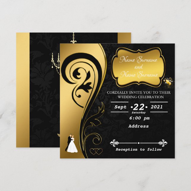 Goldenes Schwarz Einladung (Vorne/Hinten)