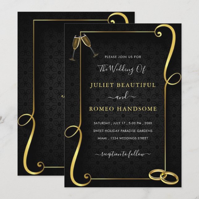 Goldenes Schwarz Goldrahmen Einladung zur Hochzeit (Vorne/Hinten)