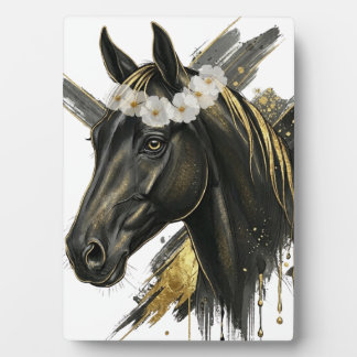 Goldenes Schwarzes Pferd Blumenkrone – L Equine Ku Fotoplatte