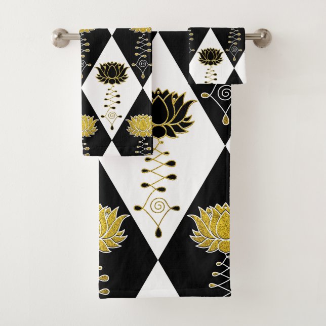 Goldenes Schwarzweiss-Muster Lotuss Unalome Badhandtuch Set (Insitu)