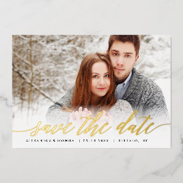 Goldenes Script-Foto Save the Date im Goldenen Foi Folieneinladung