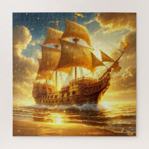 Goldenes Segelschiff auf dem Sonnenuntergangsmeer