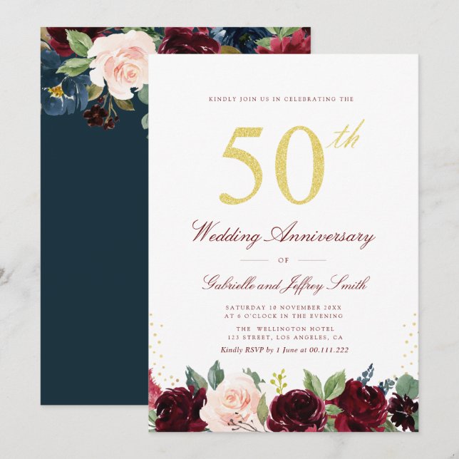 goldenes Skript borundy Marine 50. Hochzeitstag Einladung (Vorne/Hinten)