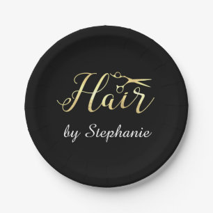 Goldenes Skript Scissors Hairstylist-Friseursalon Pappteller