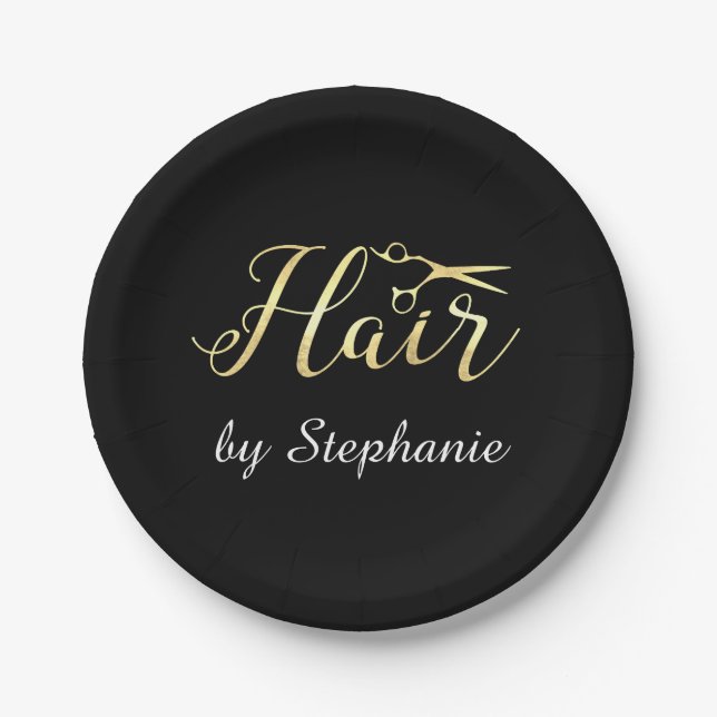 Goldenes Skript Scissors Hairstylist-Friseursalon Pappteller (Vorderseite)