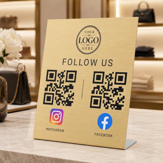 Goldenes Social-Media-QR-Code-Tablett-Display Sockelschild (Von Creator hochgeladen)