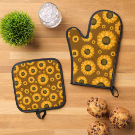 Goldenes Sonnenblumenmuster Ofenhandschuh & Topflappen-Set