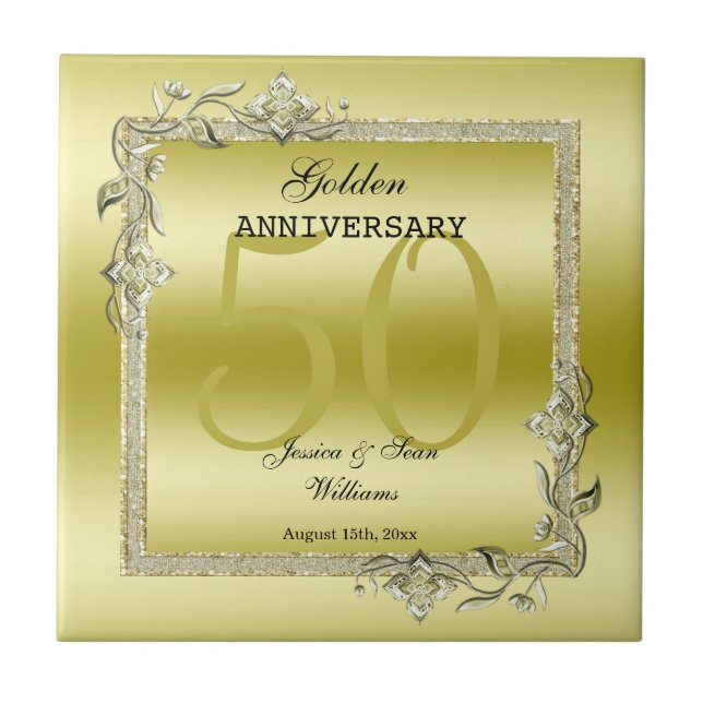 Goldenes Spiel & Glitzer 50. Hochzeitsjubiläum Fliese (Vorderseite)