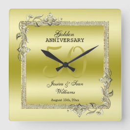 Goldenes Spiel & Glitzer 50. Hochzeitsjubiläum Quadratische Wanduhr