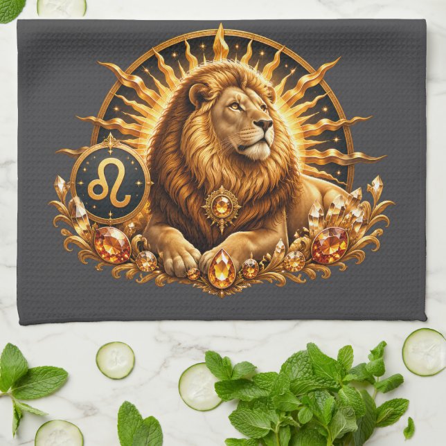 Goldenes Sternzeichen Löwe mit Edelsteinen Grau Geschirrtuch (Gefaltet)