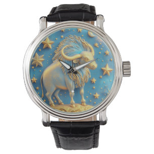 Goldenes Stier-Symbol auf blauem Kreis Armbanduhr