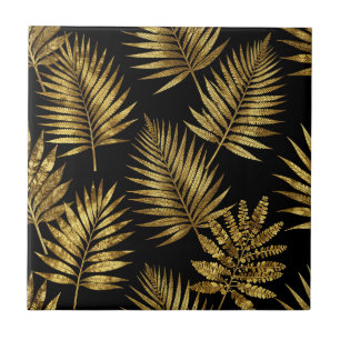 Goldenes Tropisches Blätter Luxus-Muster Fliese