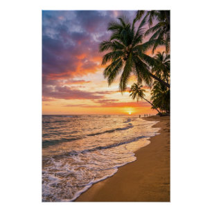 Goldenes Tropisches Sonnenuntergangs-Strandposter Poster