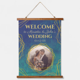 Goldenes türkisfarbenes Rustikales Hochzeitsszenar Wandteppich Mit Holzrahmen