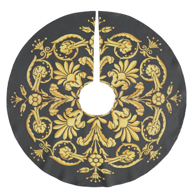 Goldenes und schwarzes Blumenmuster Polyester Weihnachtsbaumdecke (Vorderseite)