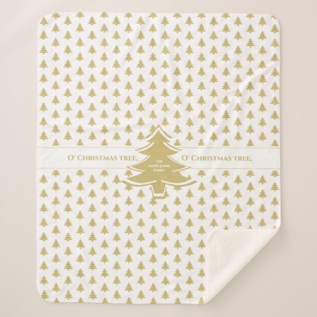 Goldenes und weißes Ikonisches Weihnachtsbaummuste Sherpadecke (Vorderseite)